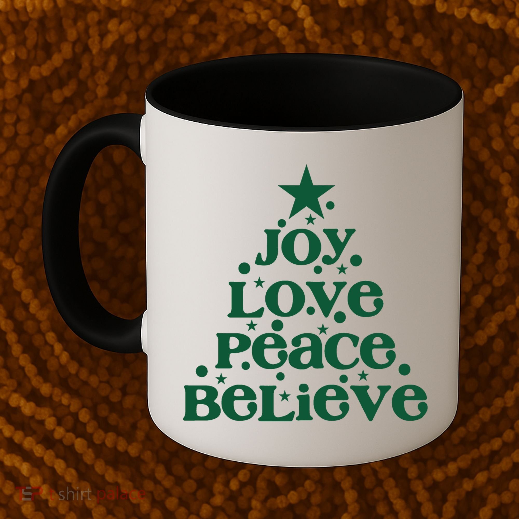 Joy Love Peace Believe Christmas Tree Coffee Mug