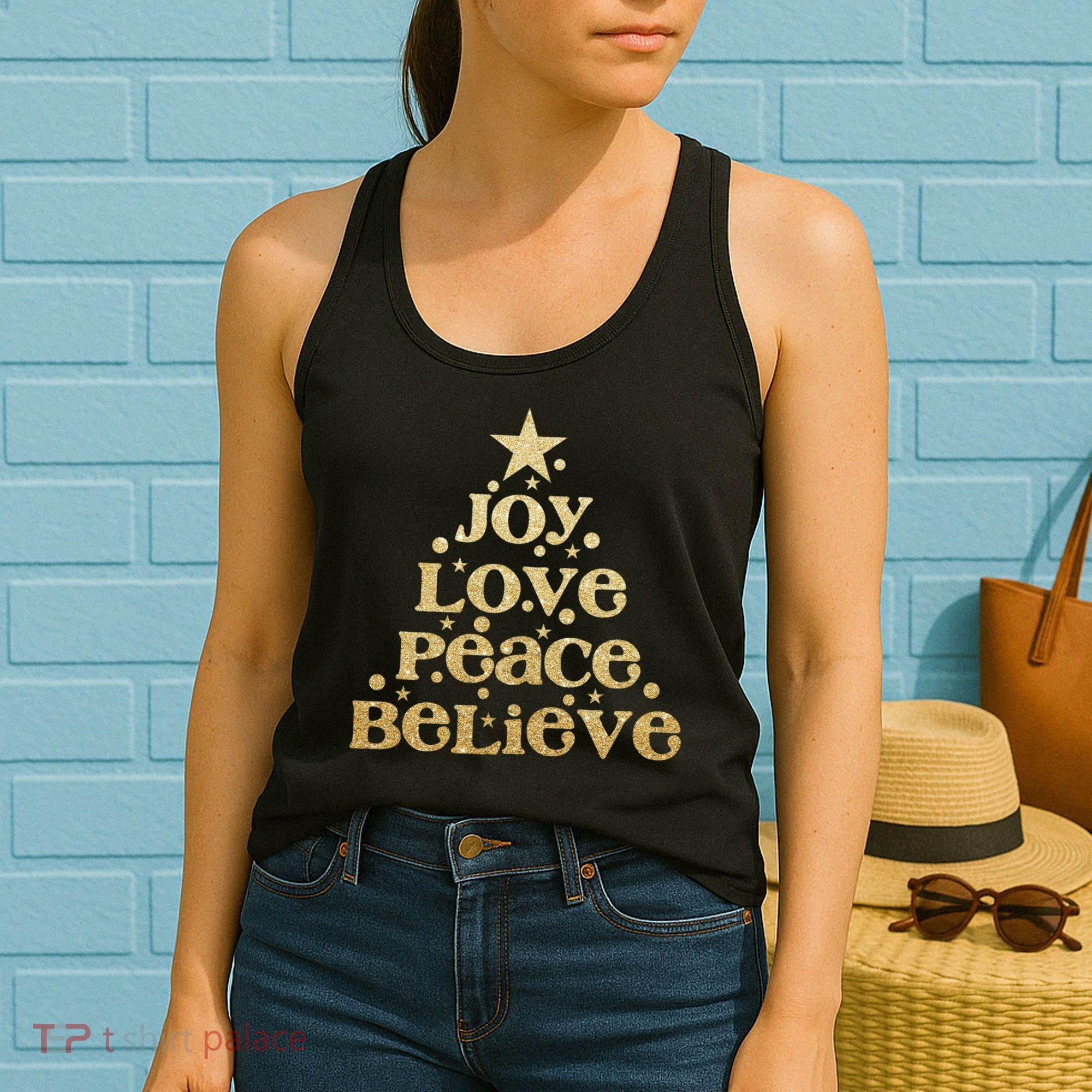 Joy Love Peace Believe Christmas Tree Women's Tank Top