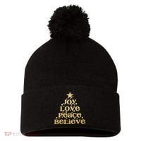 Joy Love Peace Believe Christmas Tree Pom Pom 12in Knit Beanie thumb 0