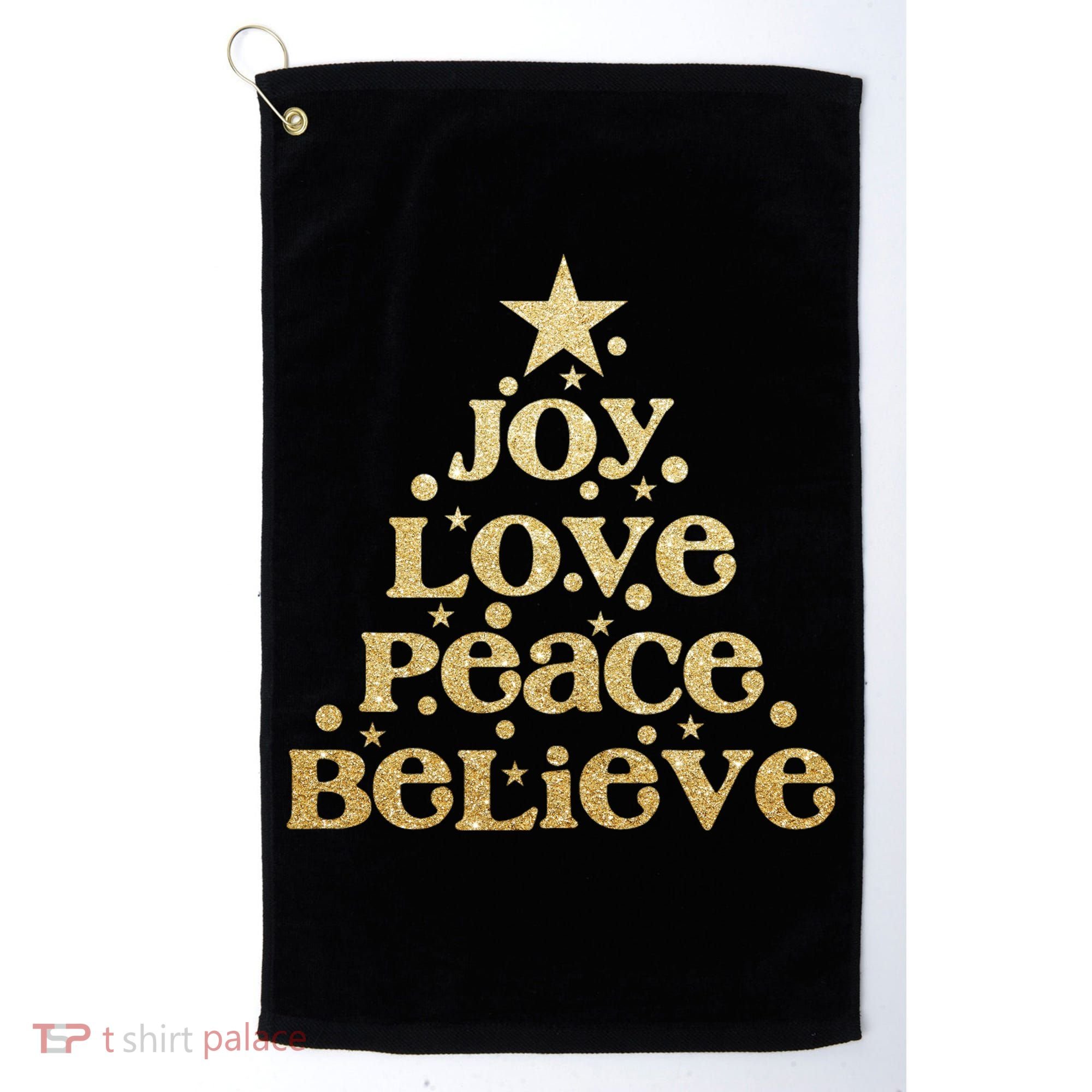 Joy Love Peace Believe Christmas Tree Golf Towel