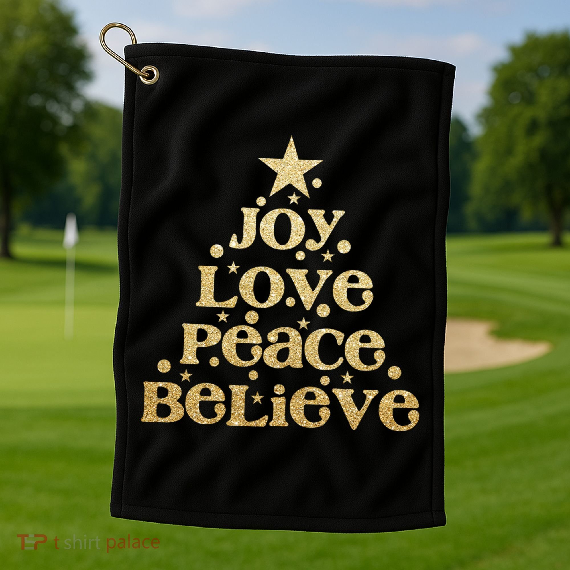 Joy Love Peace Believe Christmas Tree Golf Towel