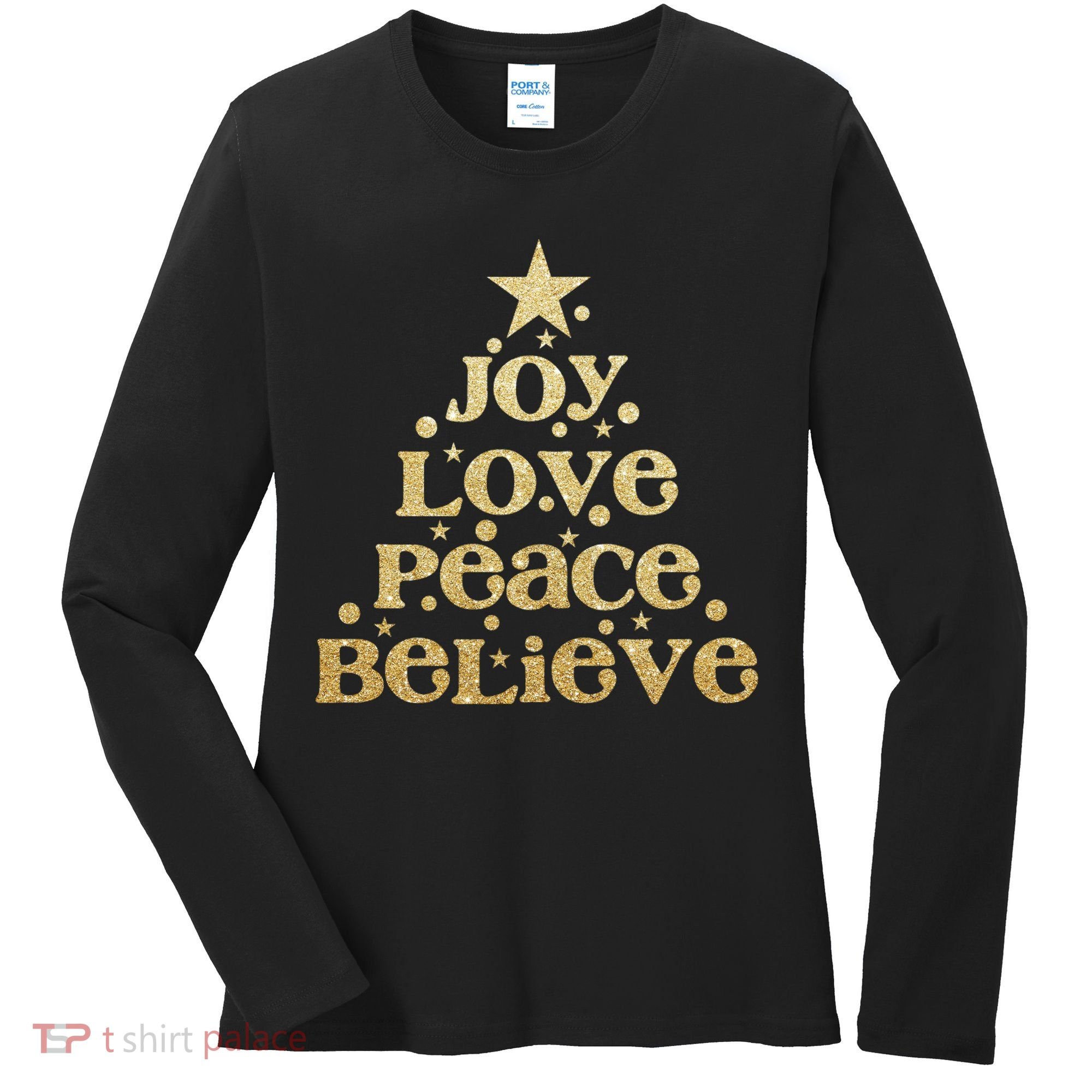 Joy Love Peace Believe Christmas Tree Women's Long Sleeve Shirt