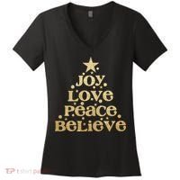 Joy Love Peace Believe Christmas Tree Women's V-Neck T-Shirt thumb 0