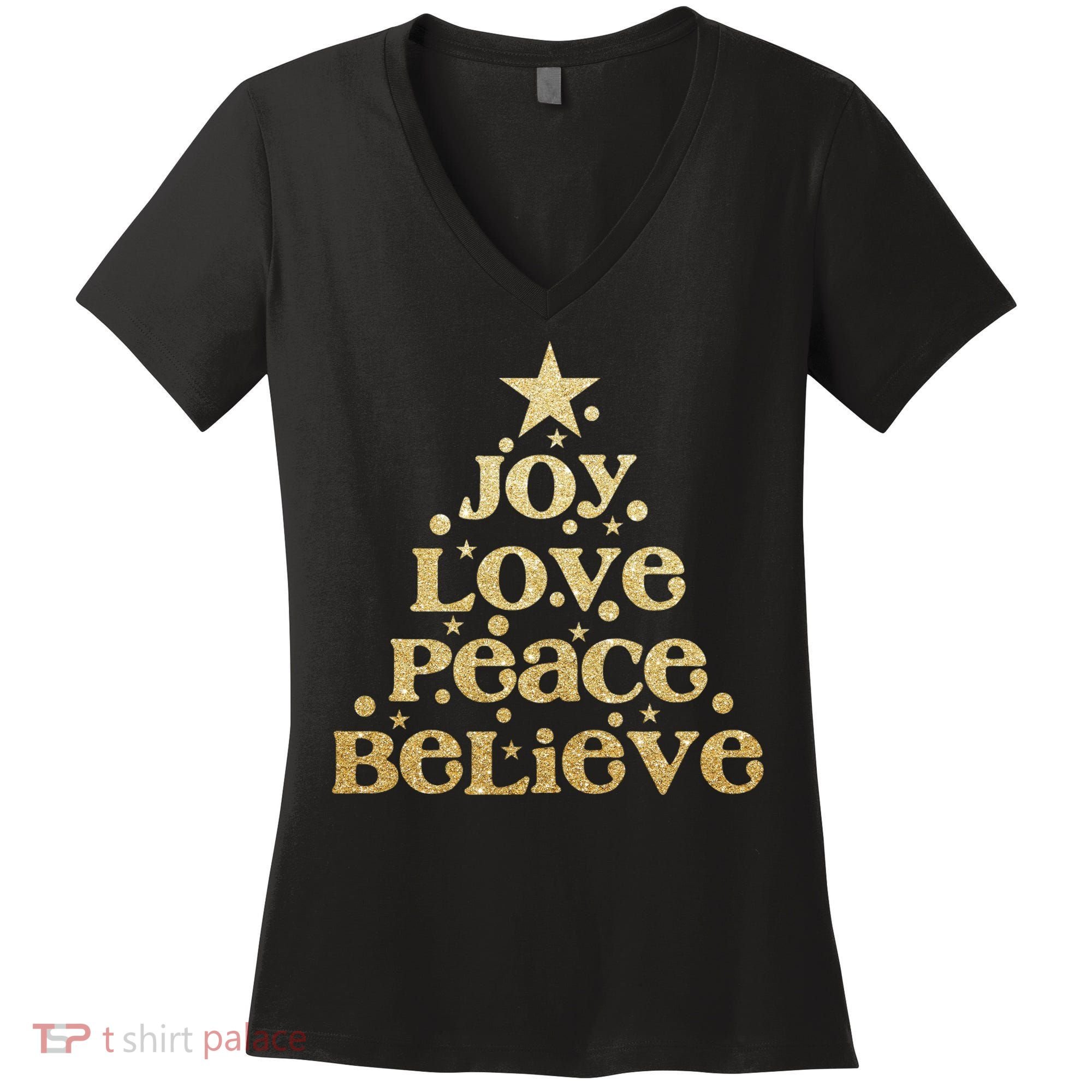 Joy Love Peace Believe Christmas Tree Women's V-Neck T-Shirt