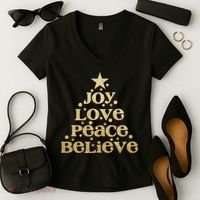 Joy Love Peace Believe Christmas Tree Women's V-Neck T-Shirt thumb 2