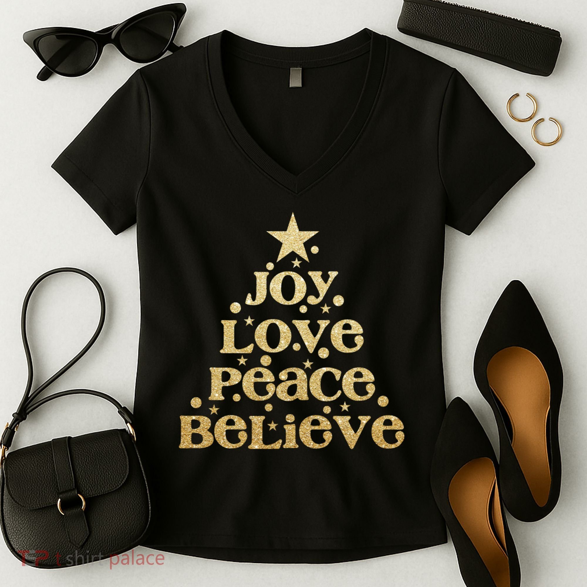 Joy Love Peace Believe Christmas Tree Women's V-Neck T-Shirt