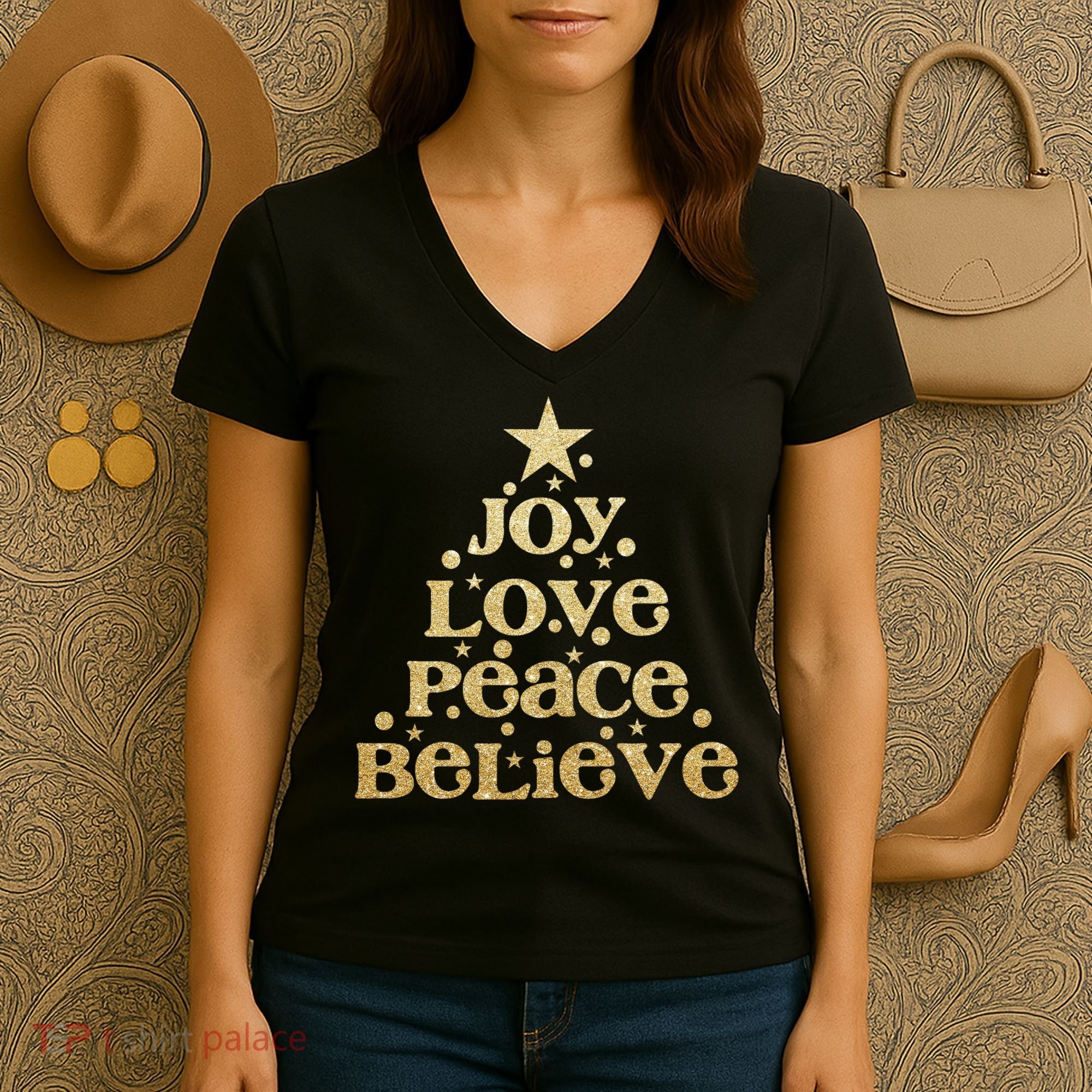 Joy Love Peace Believe Christmas Tree Women's V-Neck T-Shirt