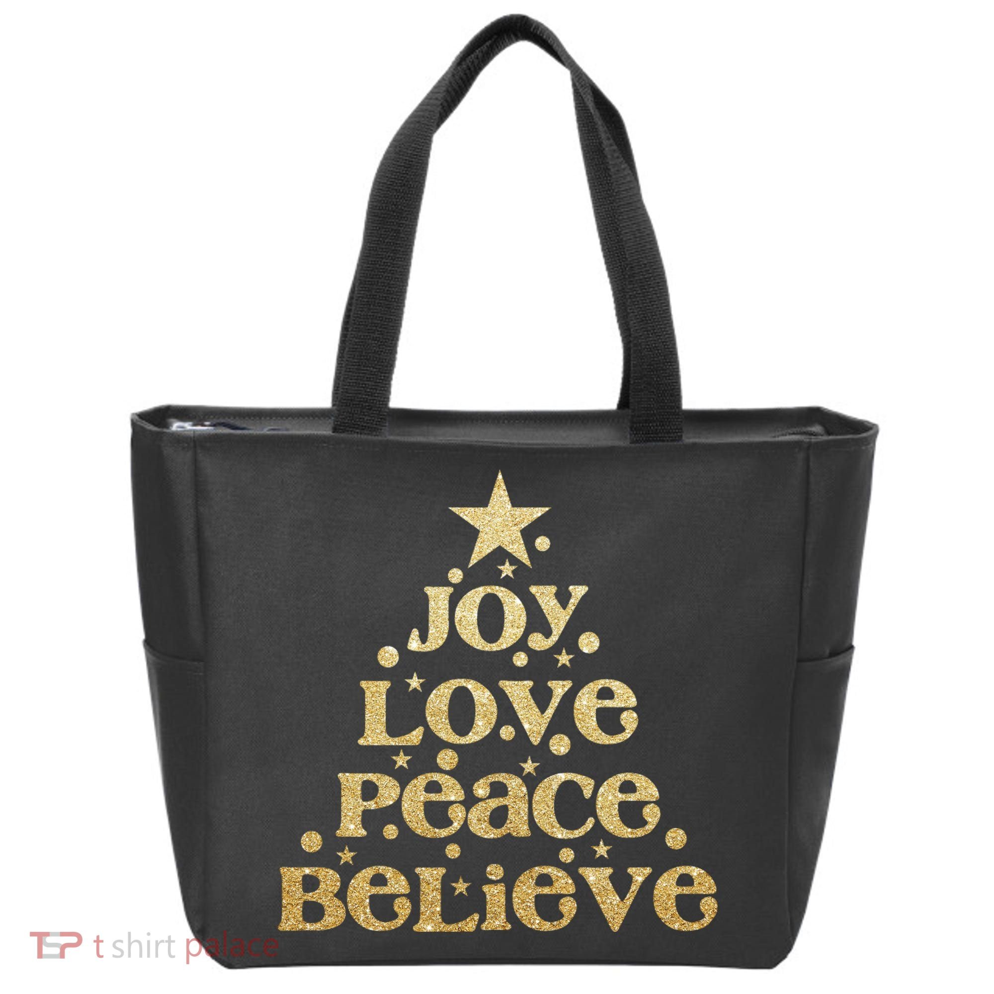 Joy Love Peace Believe Christmas Tree Tote Bag
