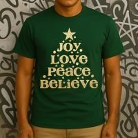 Joy Love Peace Believe Christmas Tree T-Shirt thumb 3