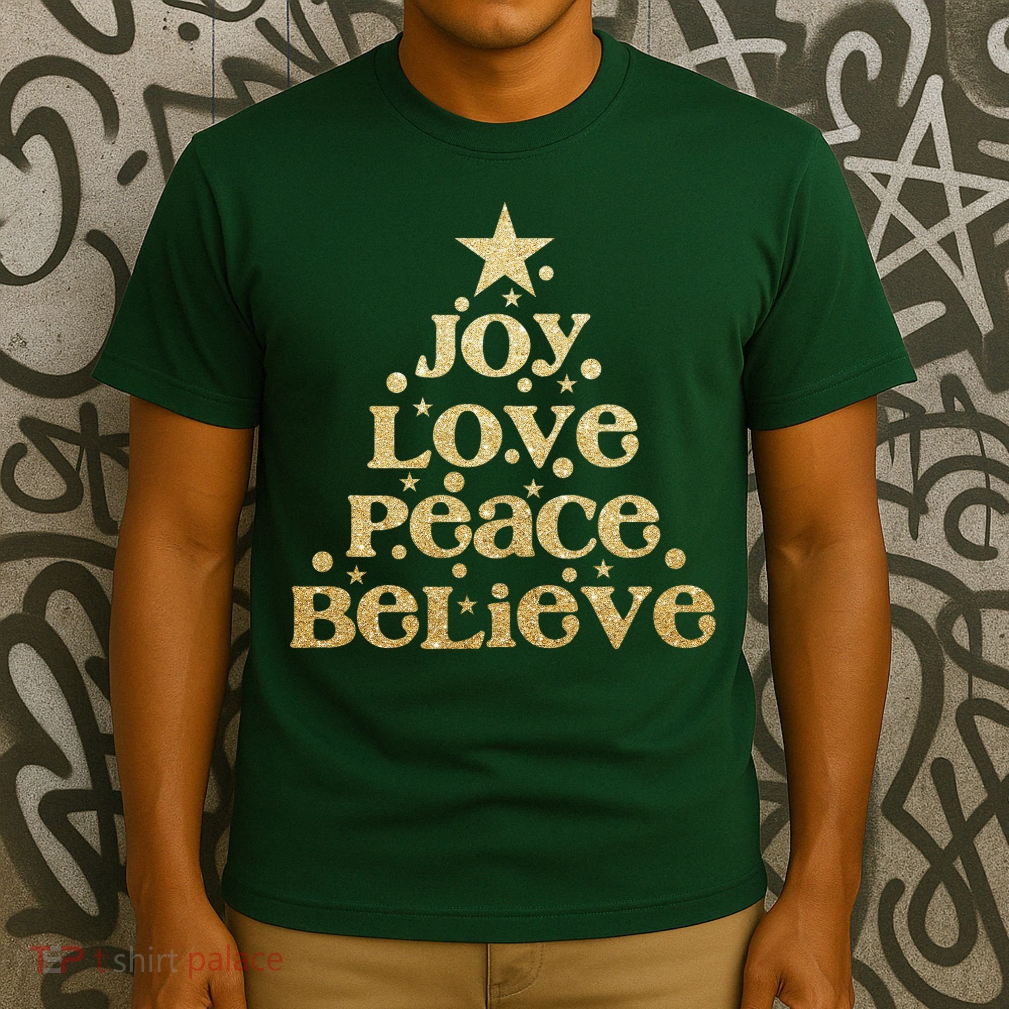 Joy Love Peace Believe Christmas Tree T-Shirt