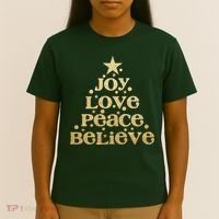 Joy Love Peace Believe Christmas Tree T-Shirt thumb 4