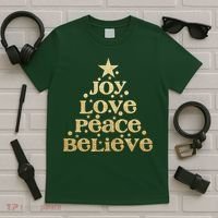 Joy Love Peace Believe Christmas Tree T-Shirt thumb 5
