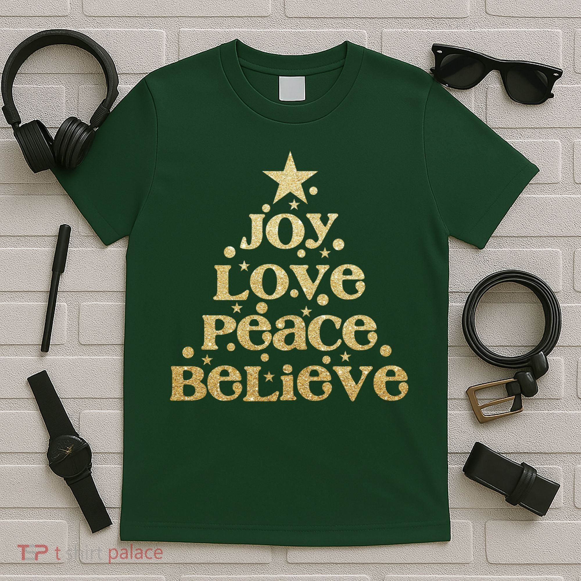 Joy Love Peace Believe Christmas Tree T-Shirt