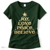Joy Love Peace Believe Christmas Tree Women's T-Shirt thumb 0
