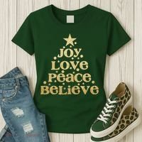 Joy Love Peace Believe Christmas Tree Women's T-Shirt thumb 3