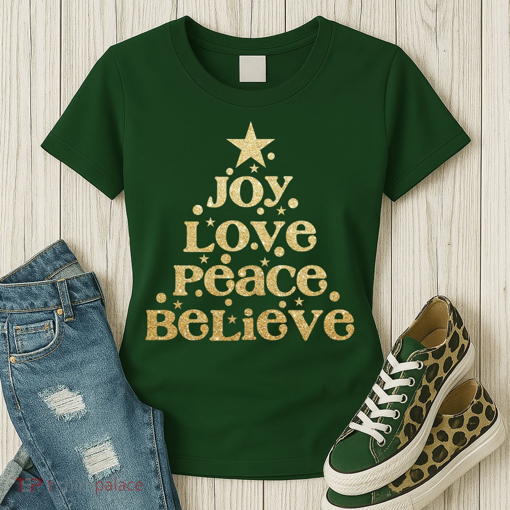 Joy Love Peace Believe Christmas Tree Women's T-Shirt