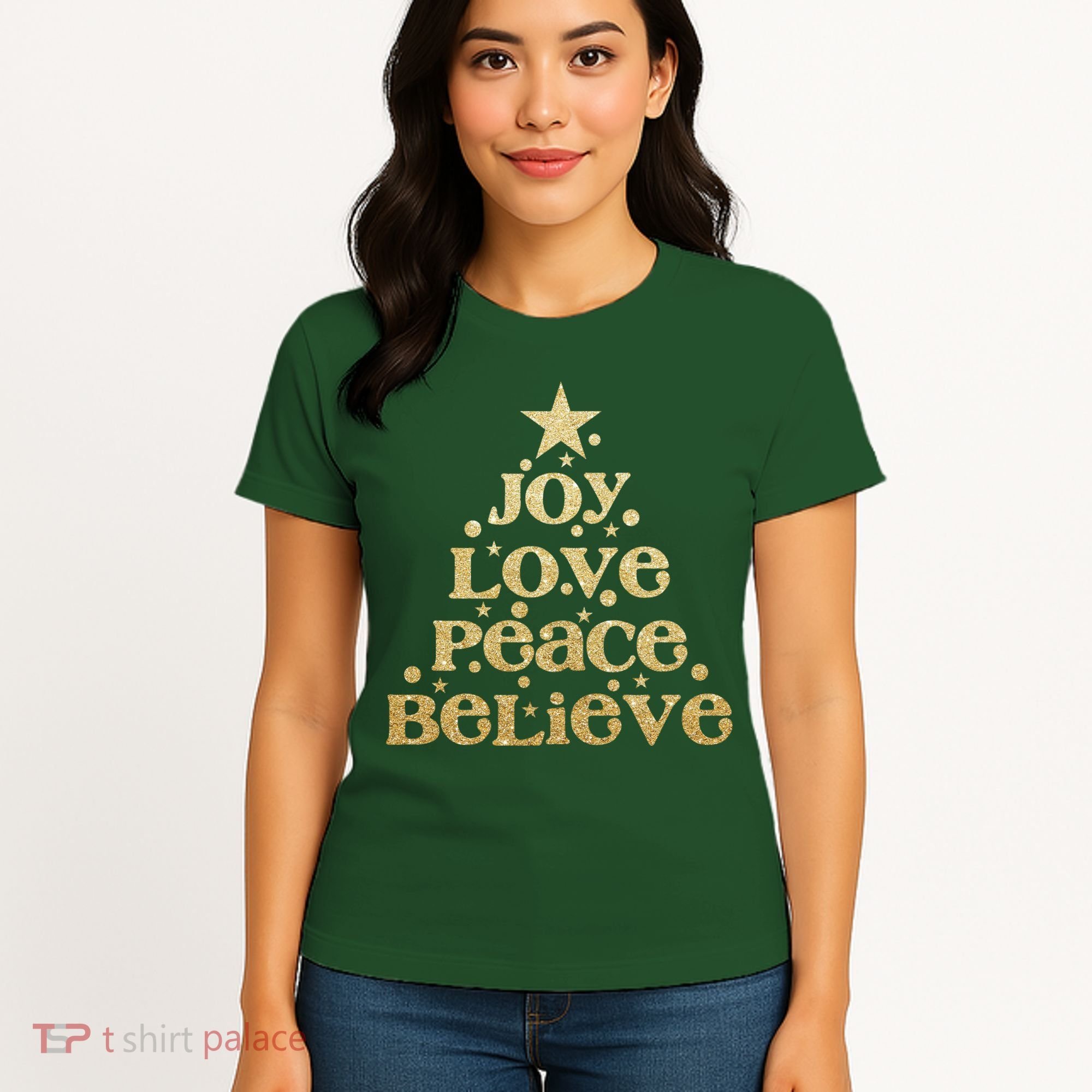 Joy Love Peace Believe Christmas Tree Women's T-Shirt