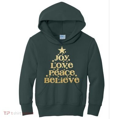 Joy Love Peace Believe Christmas Tree Kids Hoodie