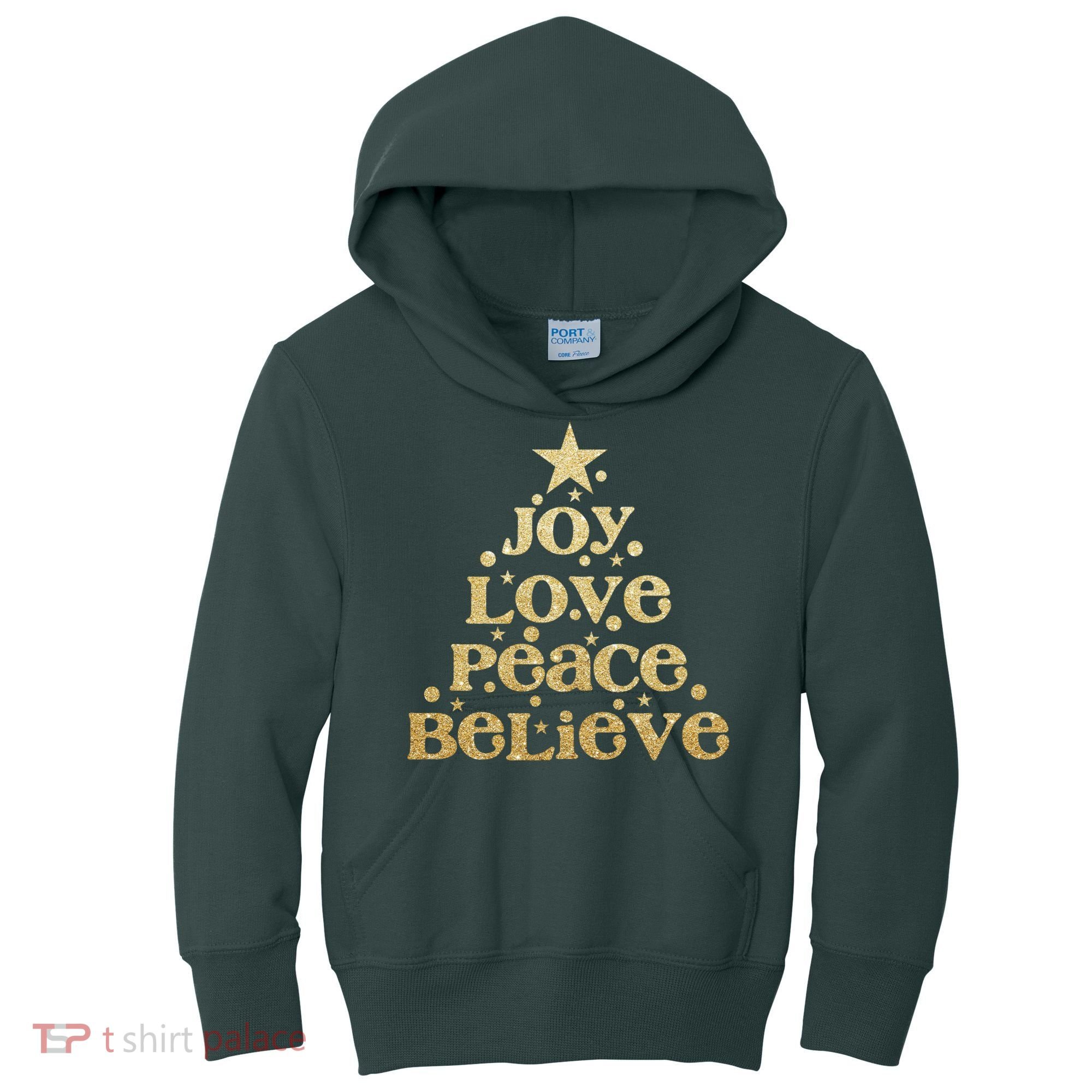 Joy Love Peace Believe Christmas Tree Kids Hoodie