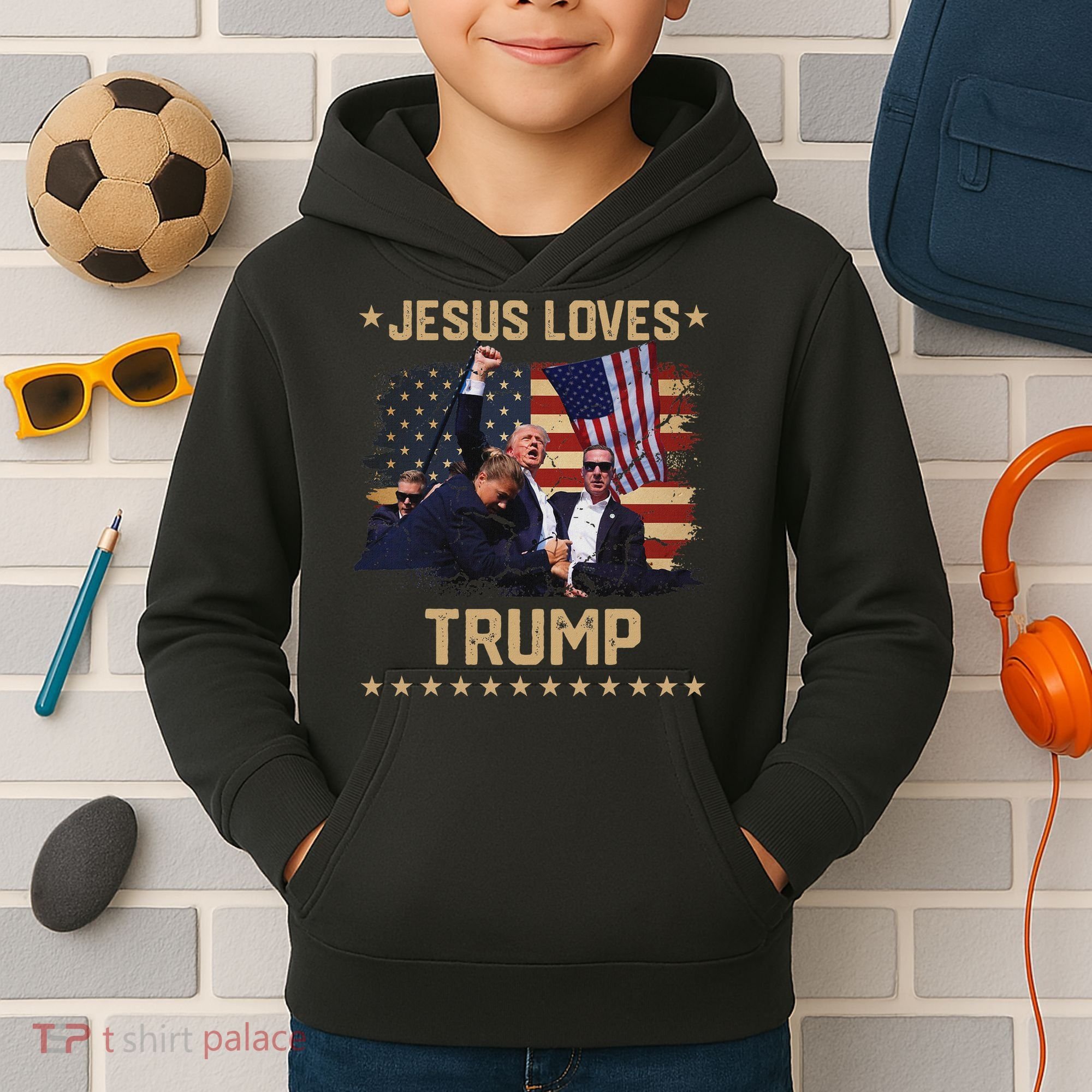 Jesus Loves Trump 2024 Strong Support Kids Hoodie
