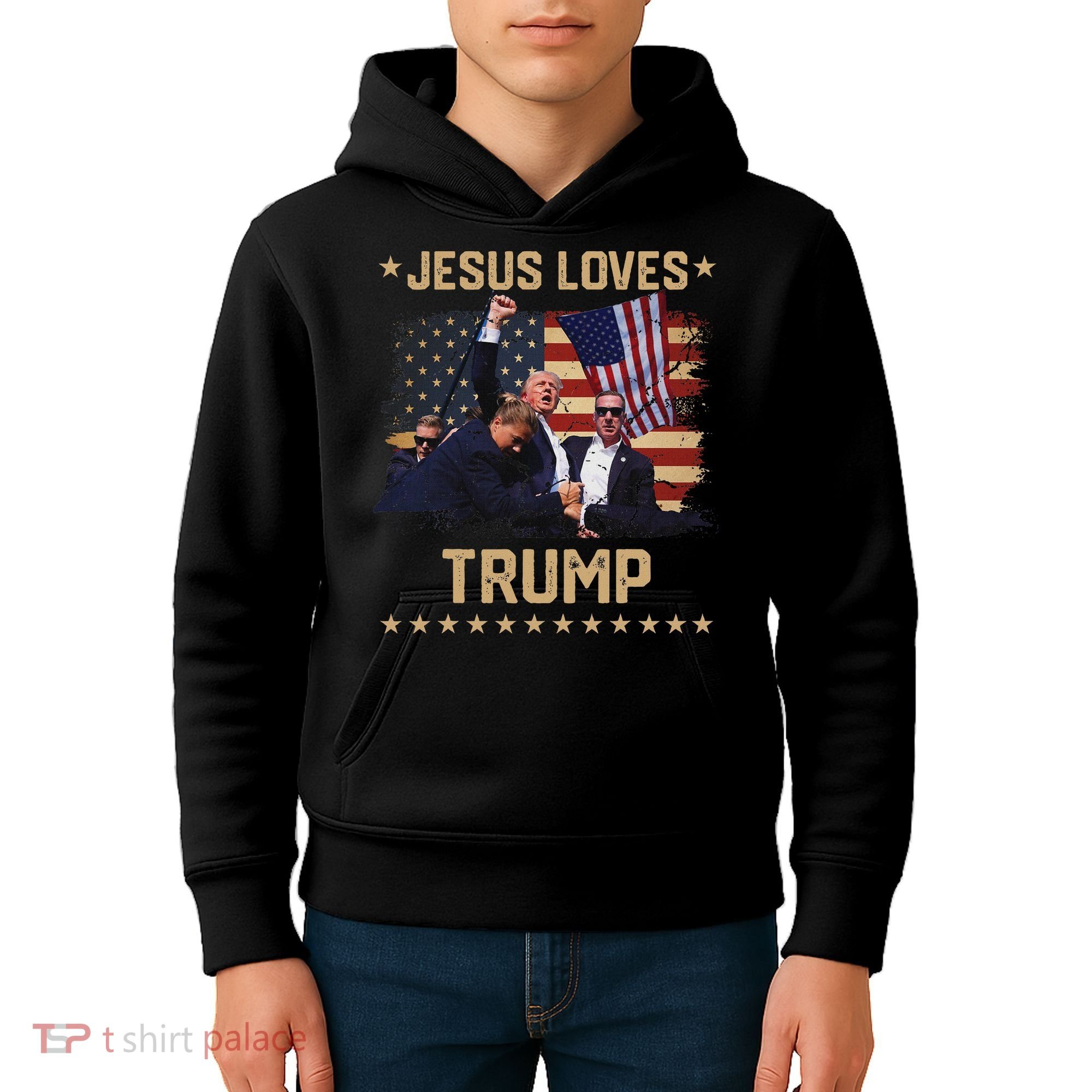 Jesus Loves Trump 2024 Strong Support Kids Hoodie