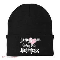 Jesus Loves This Hot Mess Funny Beanie thumb 0