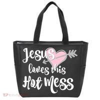 Jesus Loves This Hot Mess Funny Tote Bag thumb 0