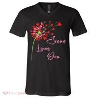 Jesus Loves You, Dandelion Blowing Hearts Christian V-Neck T-Shirt thumb 0