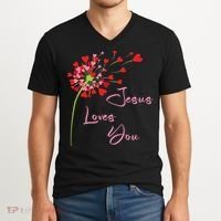 Jesus Loves You, Dandelion Blowing Hearts Christian V-Neck T-Shirt thumb 2