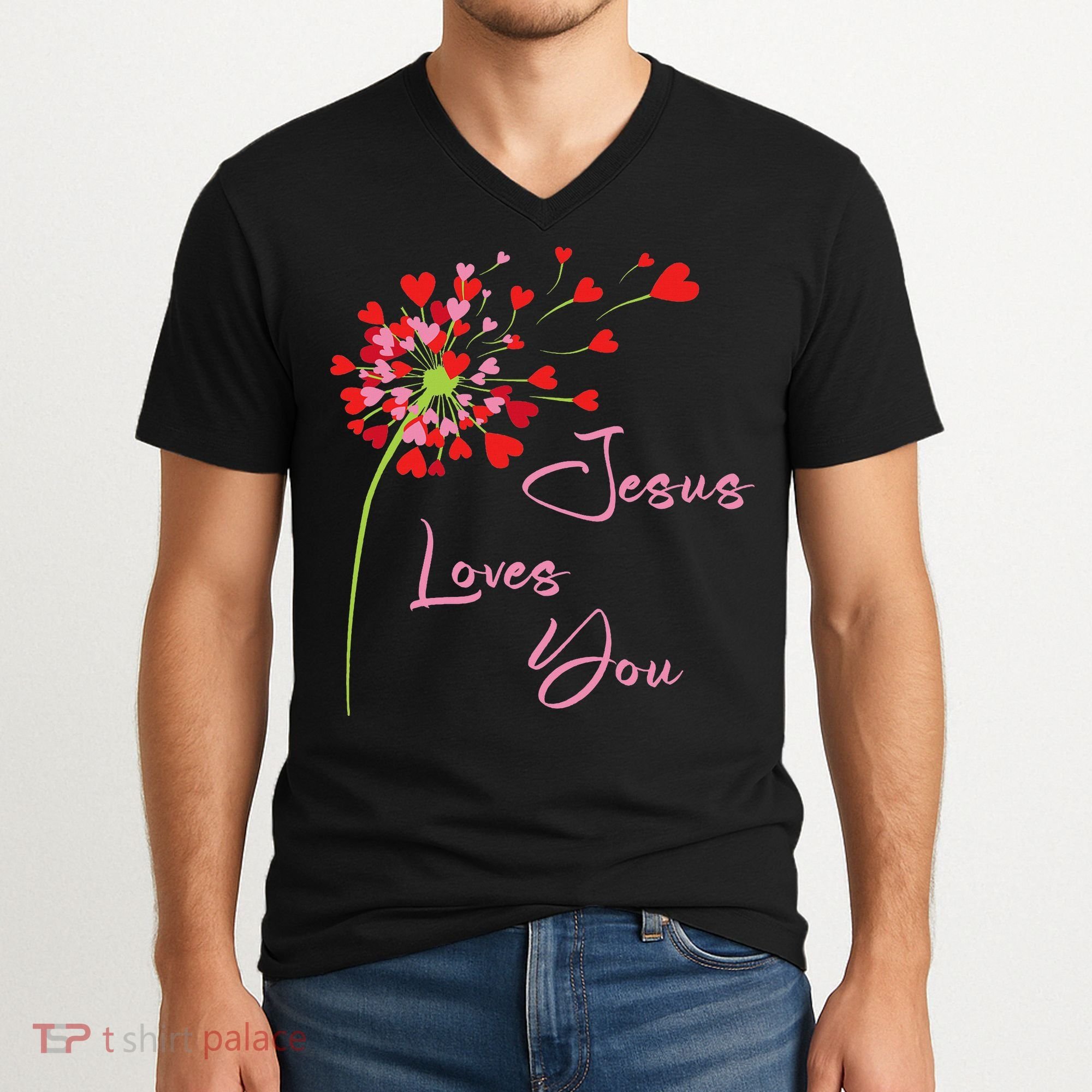 Jesus Loves You, Dandelion Blowing Hearts Christian V-Neck T-Shirt