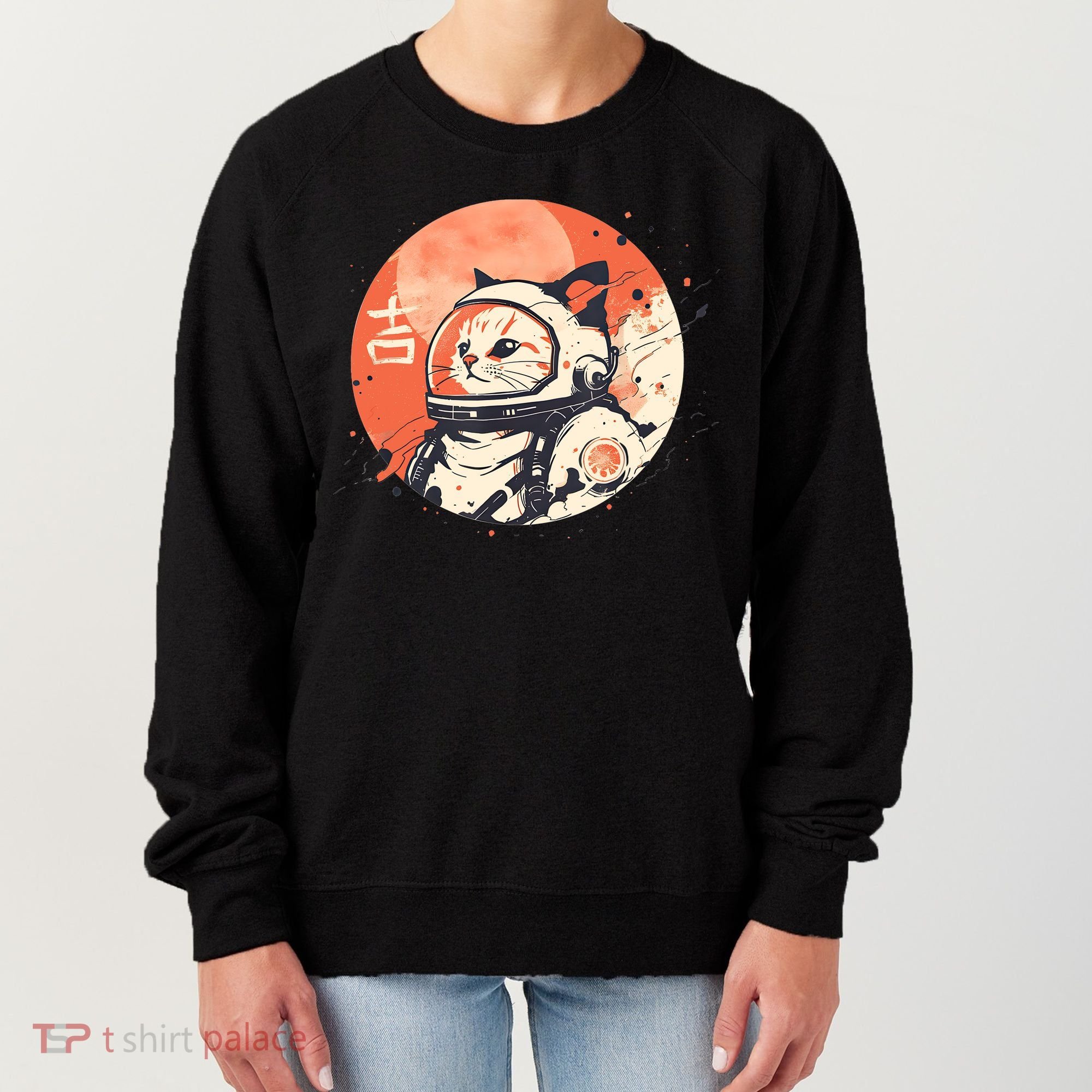 Japanese Minimalist 1950s Retro Space Cat Good Luck Kanji Women's Sweatshirt