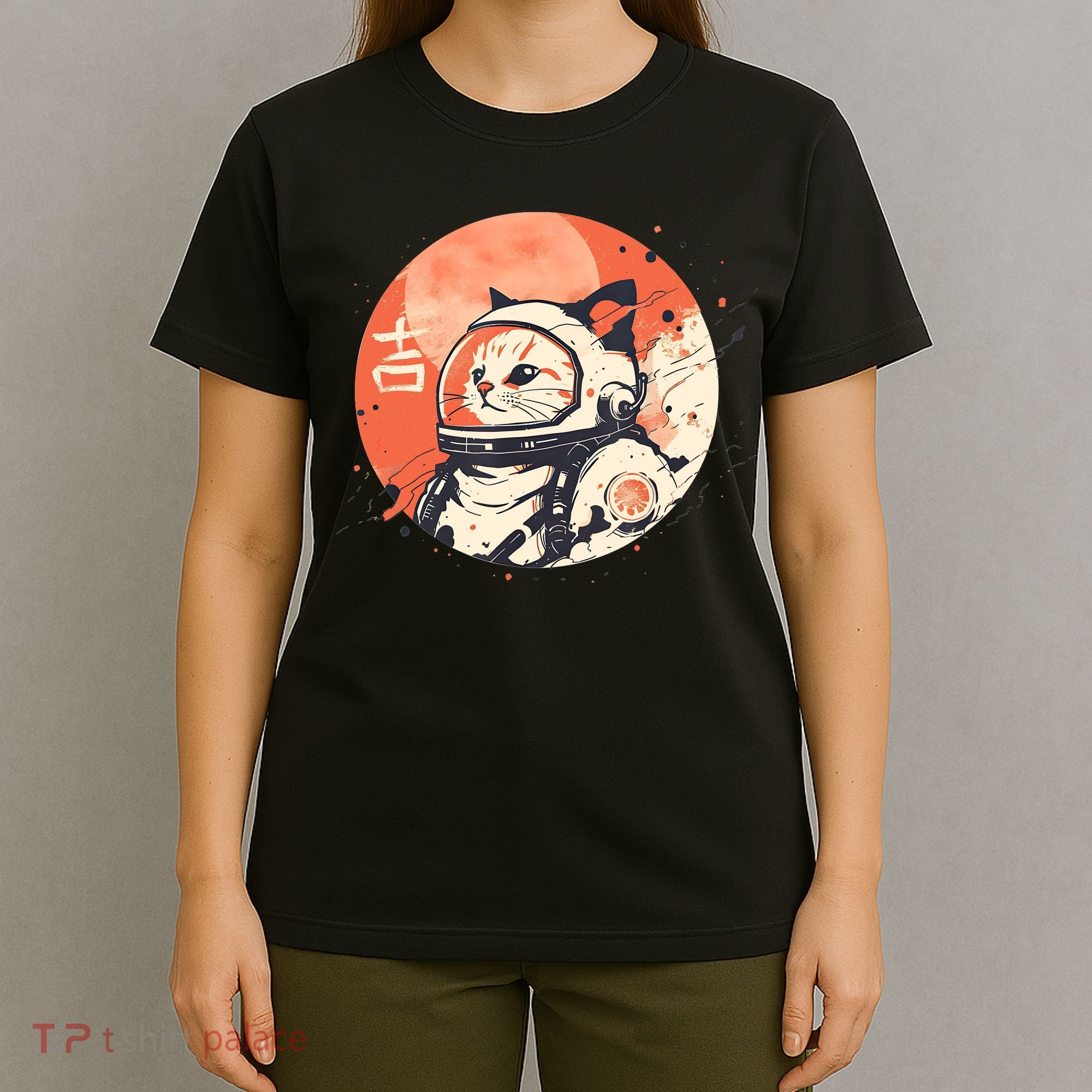 Japanese Minimalist 1950s Retro Space Cat Good Luck Kanji T-Shirt