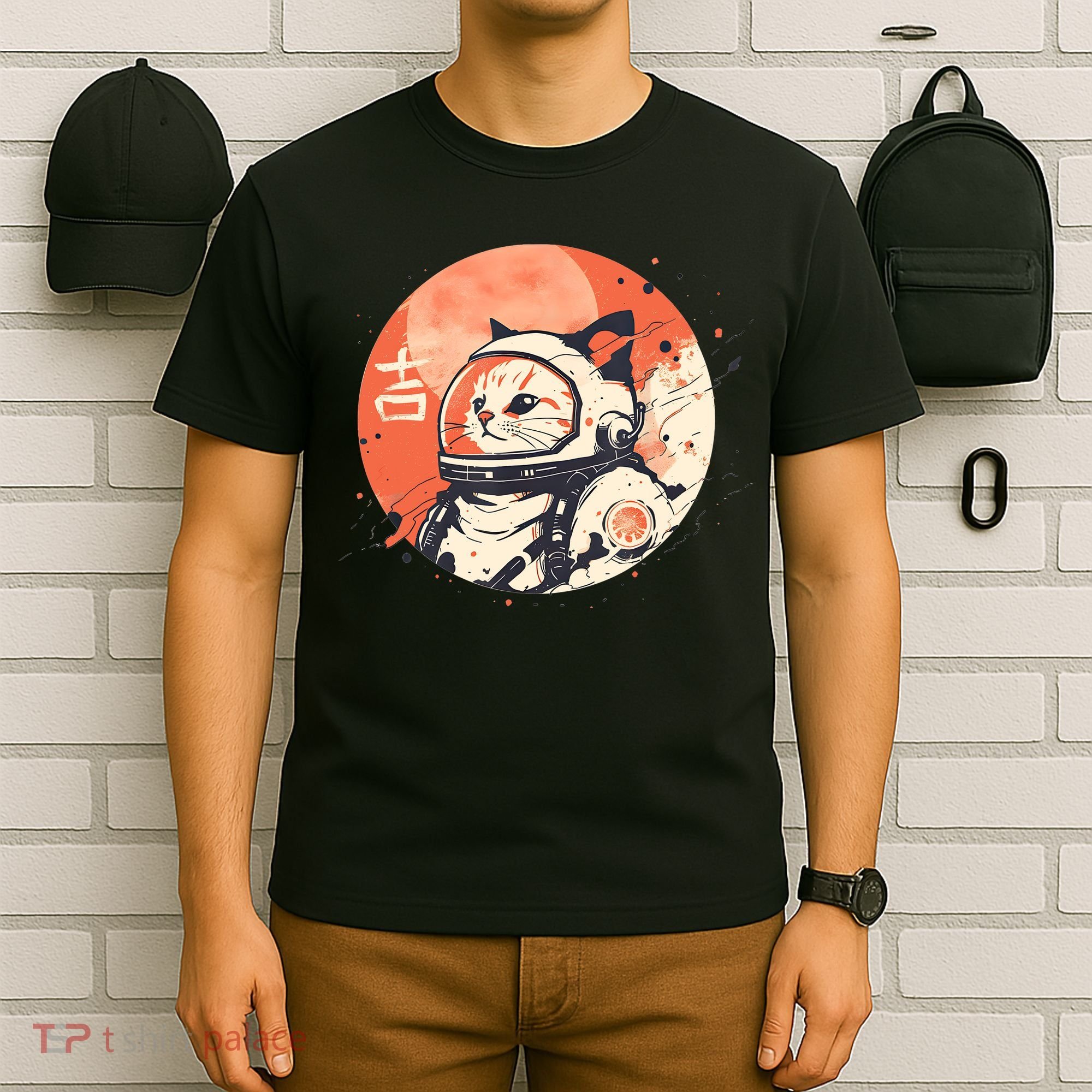 Japanese Minimalist 1950s Retro Space Cat Good Luck Kanji T-Shirt