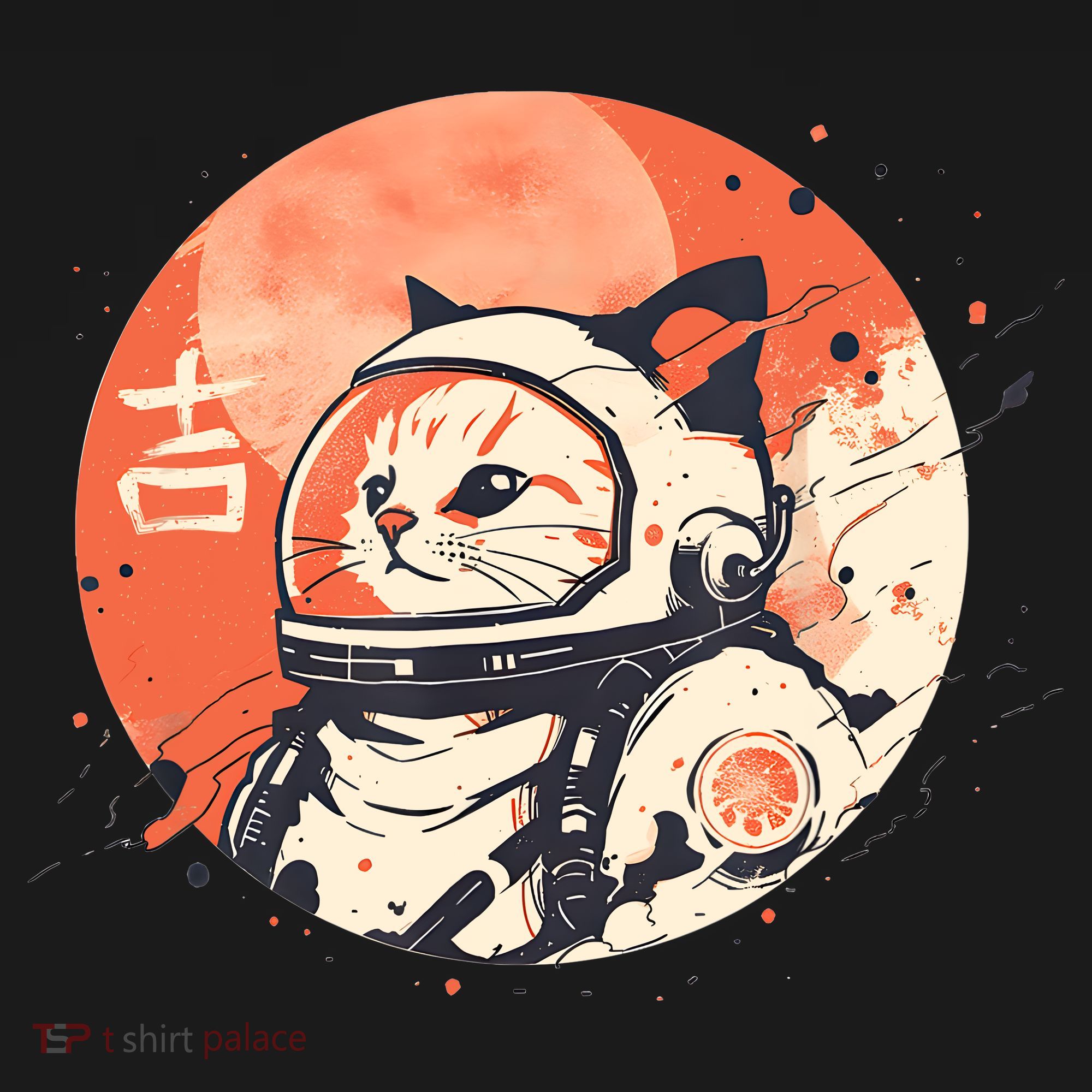 Japanese Minimalist 1950s Retro Space Cat Good Luck Kanji T-Shirt