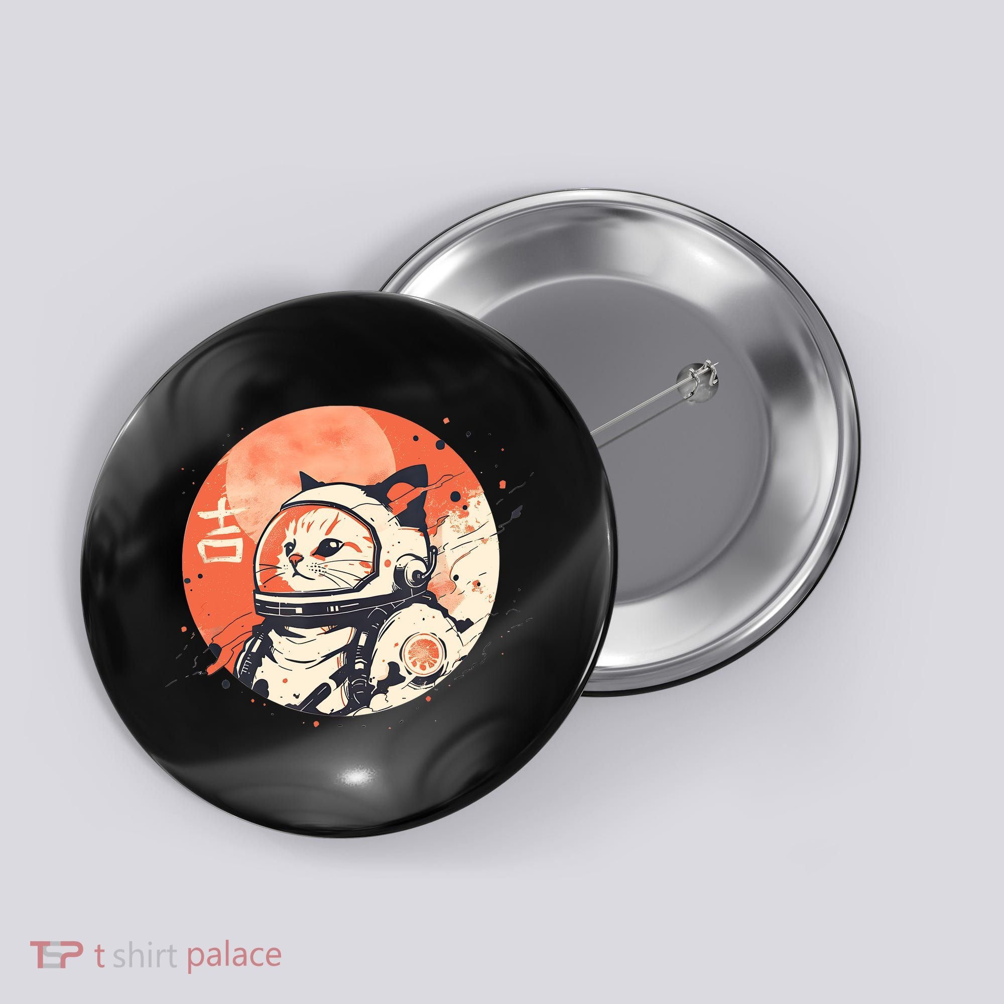 Japanese Minimalist 1950s Retro Space Cat Good Luck Kanji Button