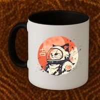 Japanese Minimalist 1950s Retro Space Cat Good Luck Kanji Coffee Mug thumb 2