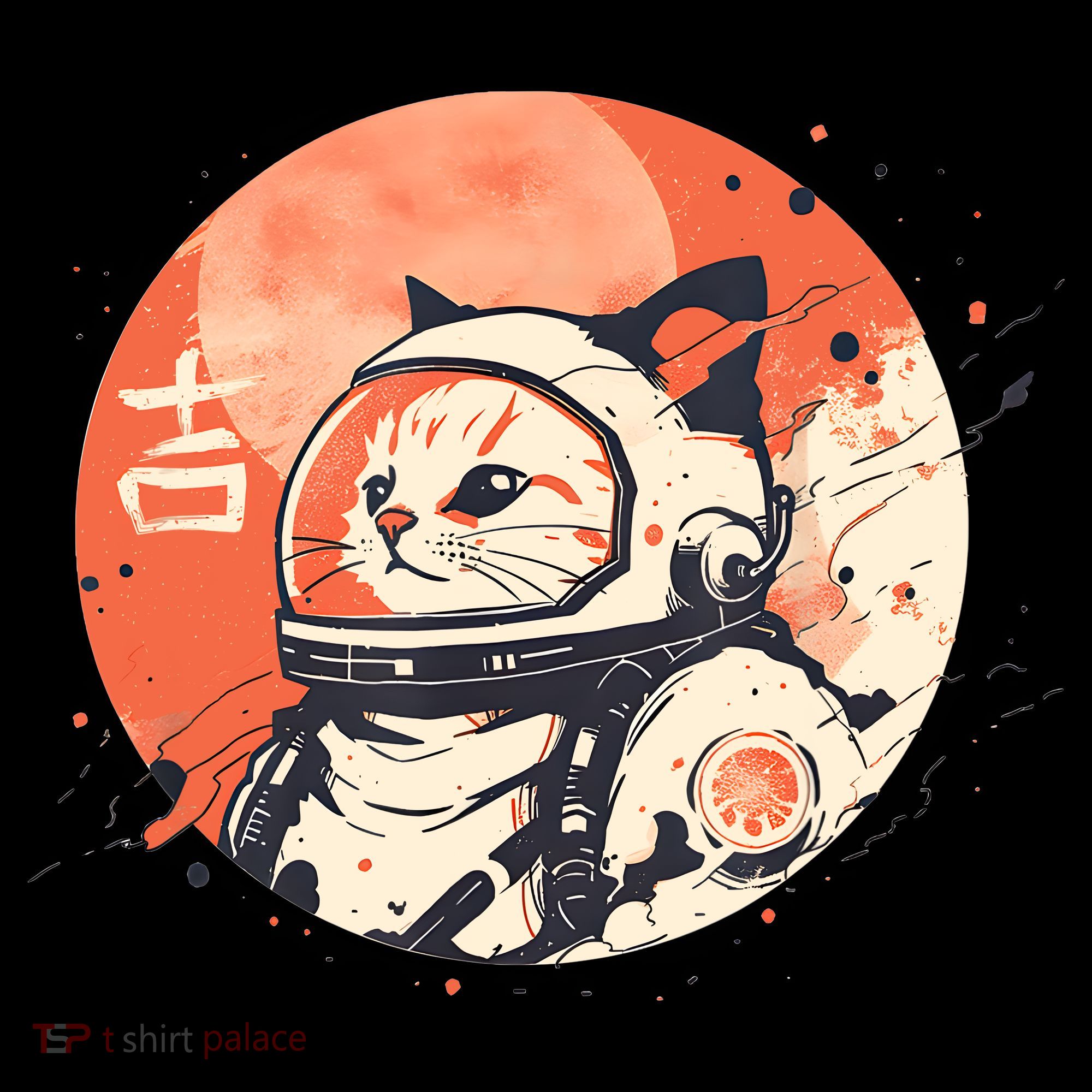 Japanese Minimalist 1950s Retro Space Cat Good Luck Kanji Coffee Mug