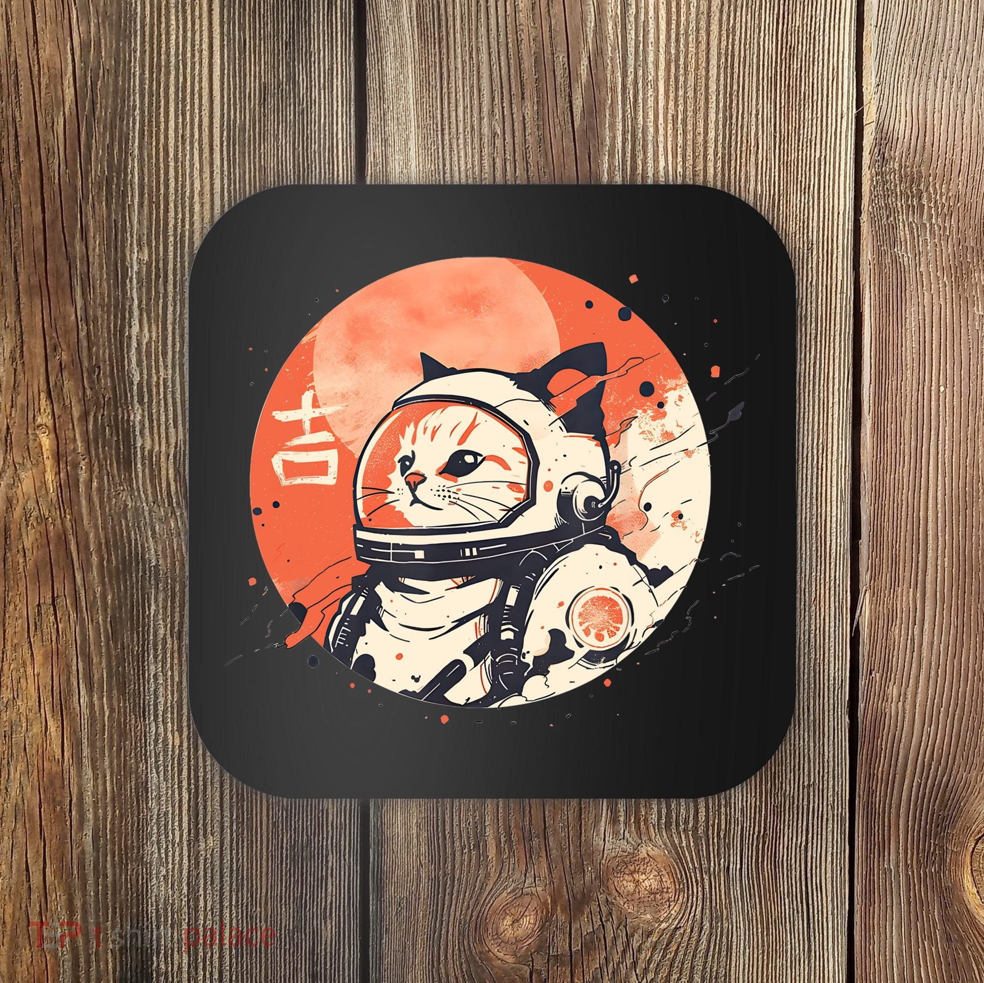 Japanese Minimalist 1950s Retro Space Cat Good Luck Kanji Coaster