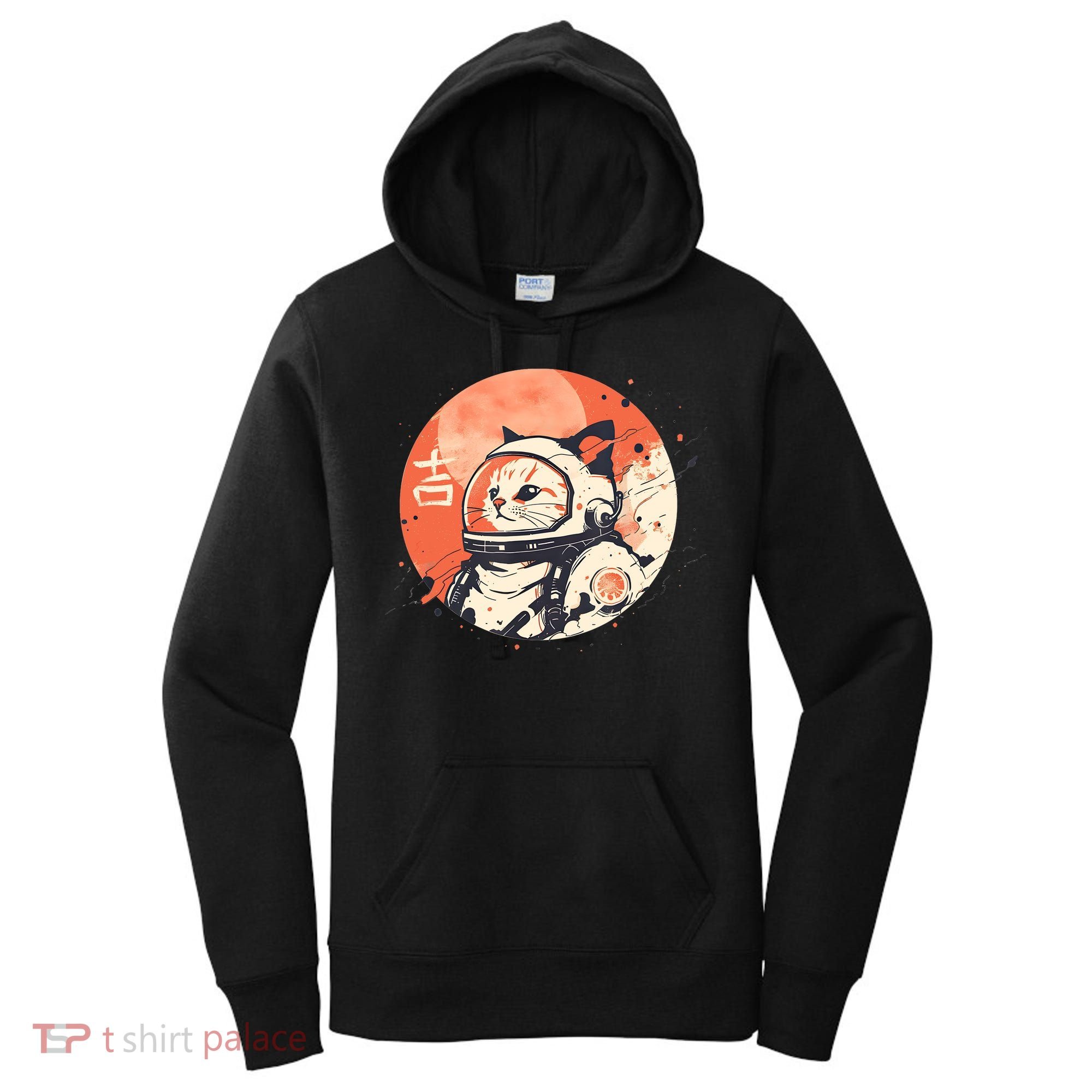 Japanese Minimalist 1950s Retro Space Cat Good Luck Kanji Women's Hoodie
