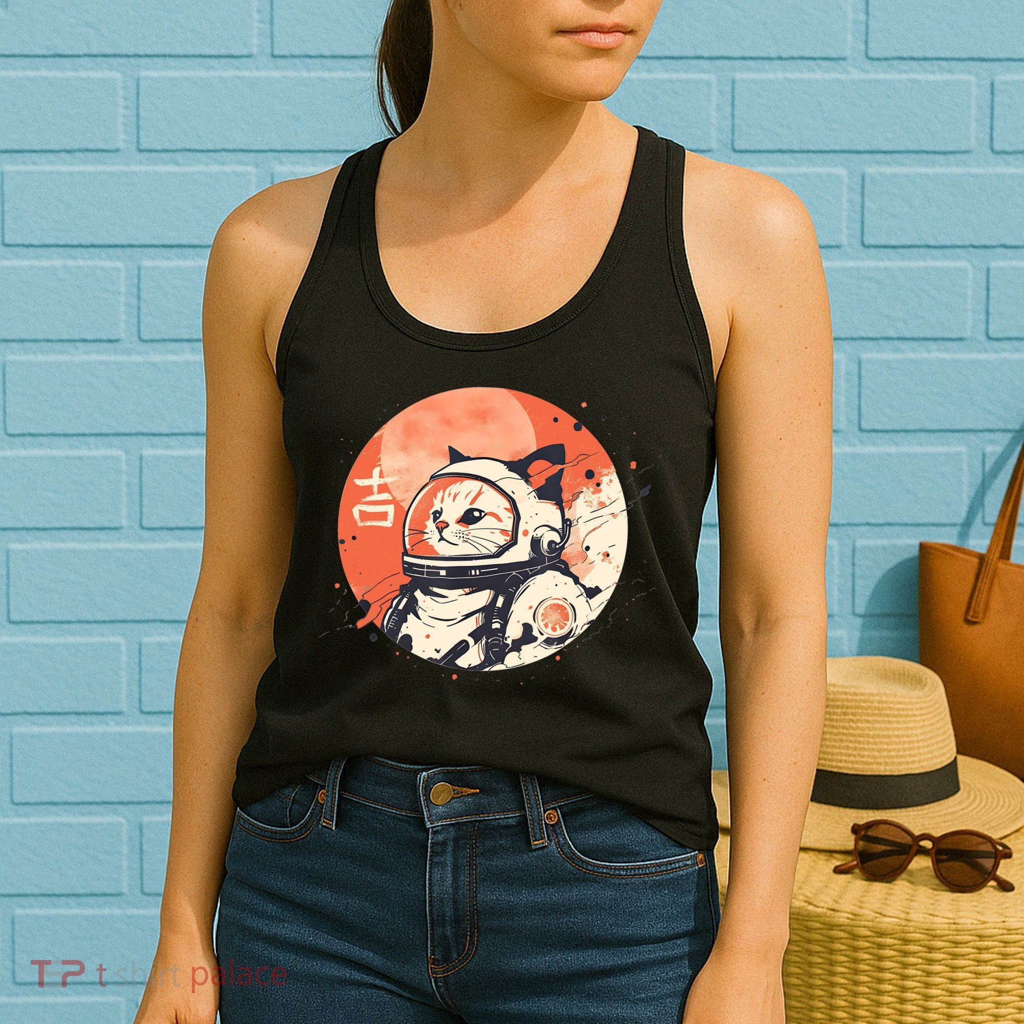 Japanese Minimalist 1950s Retro Space Cat Good Luck Kanji Women's Tank Top