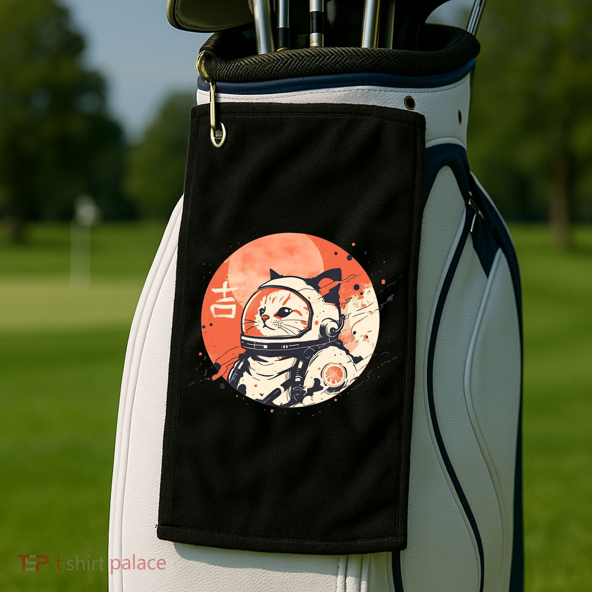 Japanese Minimalist 1950s Retro Space Cat Good Luck Kanji Golf Towel