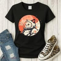 Japanese Minimalist 1950s Retro Space Cat Good Luck Kanji Women's T-Shirt thumb 3