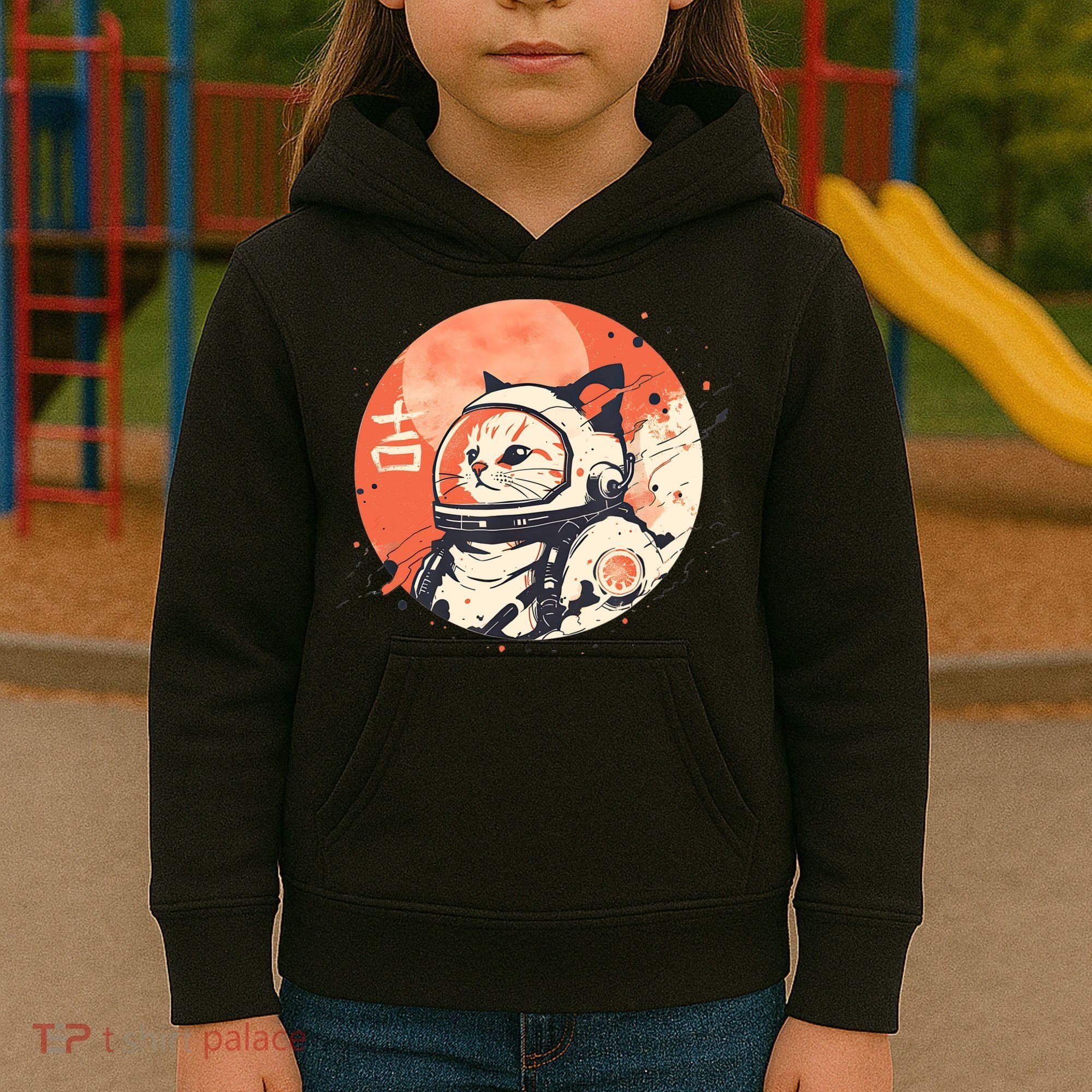 Japanese Minimalist 1950s Retro Space Cat Good Luck Kanji Kids Hoodie