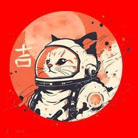 Japanese Minimalist 1950s Retro Space Cat Good Luck Kanji Santa Hat thumb 1