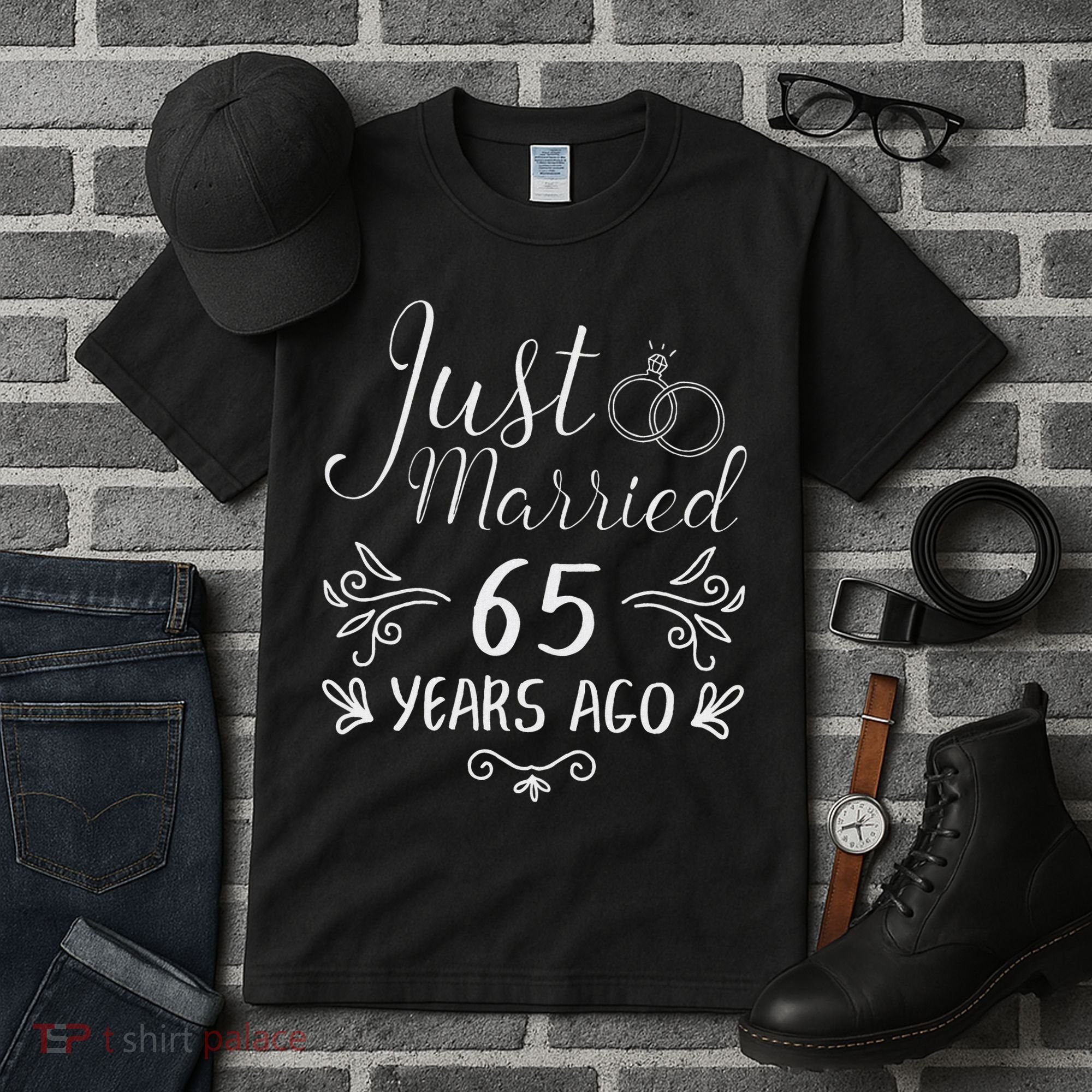 Just Married 65 Years Ago 65th Wedding Anniversary Couple Tall T-Shirt