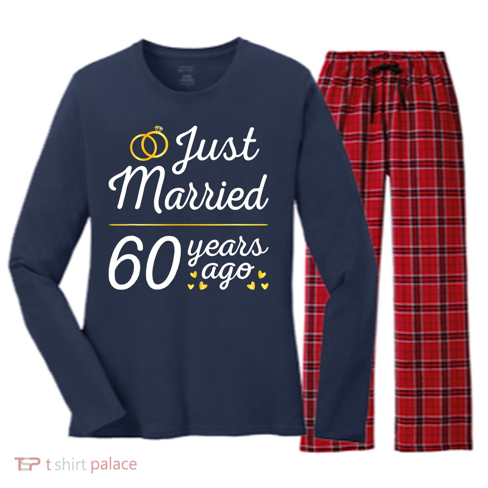 Just Married 60 Years Ago 60th Wedding Anniversary Matching Women's Long Sleeve Flannel Pajama Set 