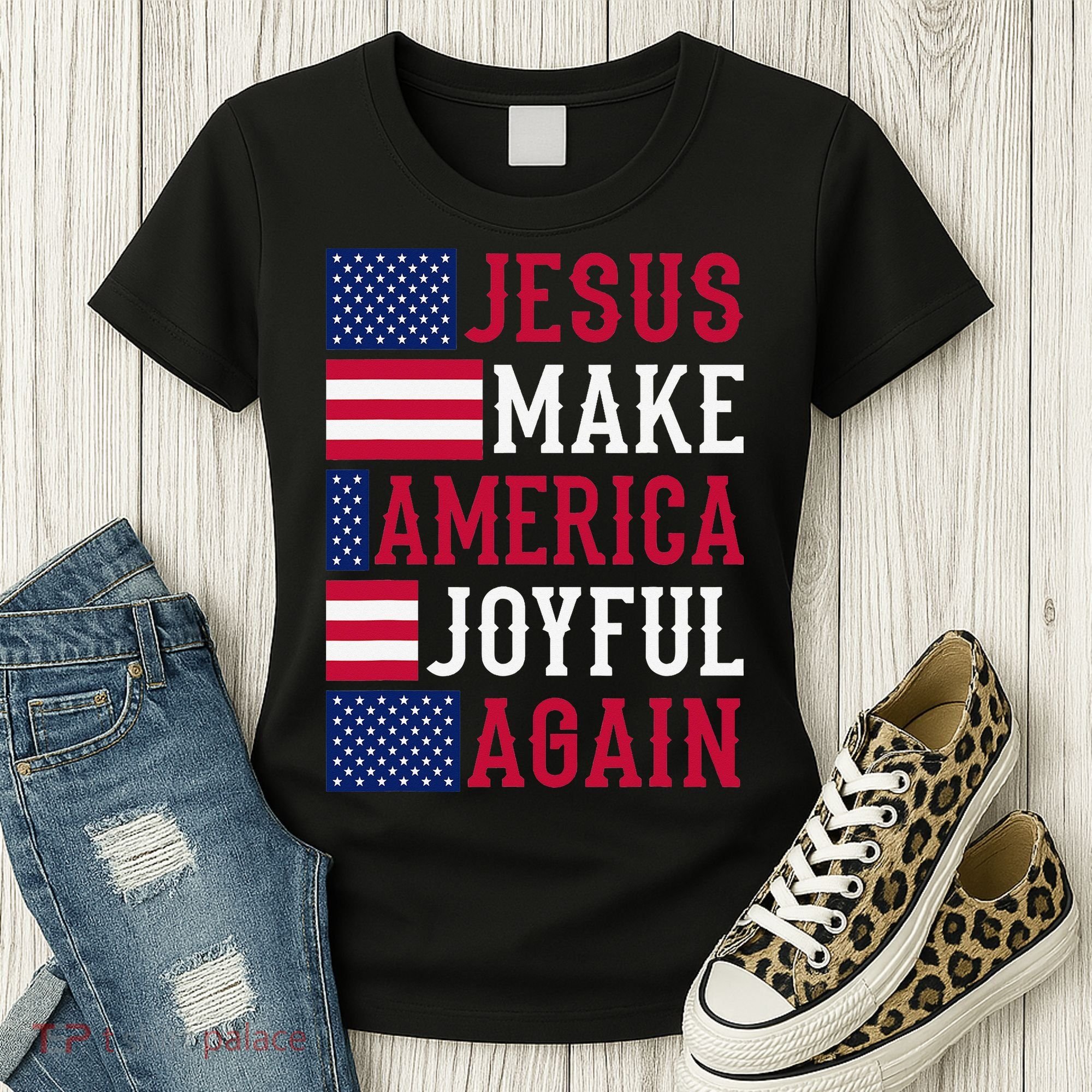 Jesus Make America Joyful Again - American Flag - Christian Women's T-Shirt