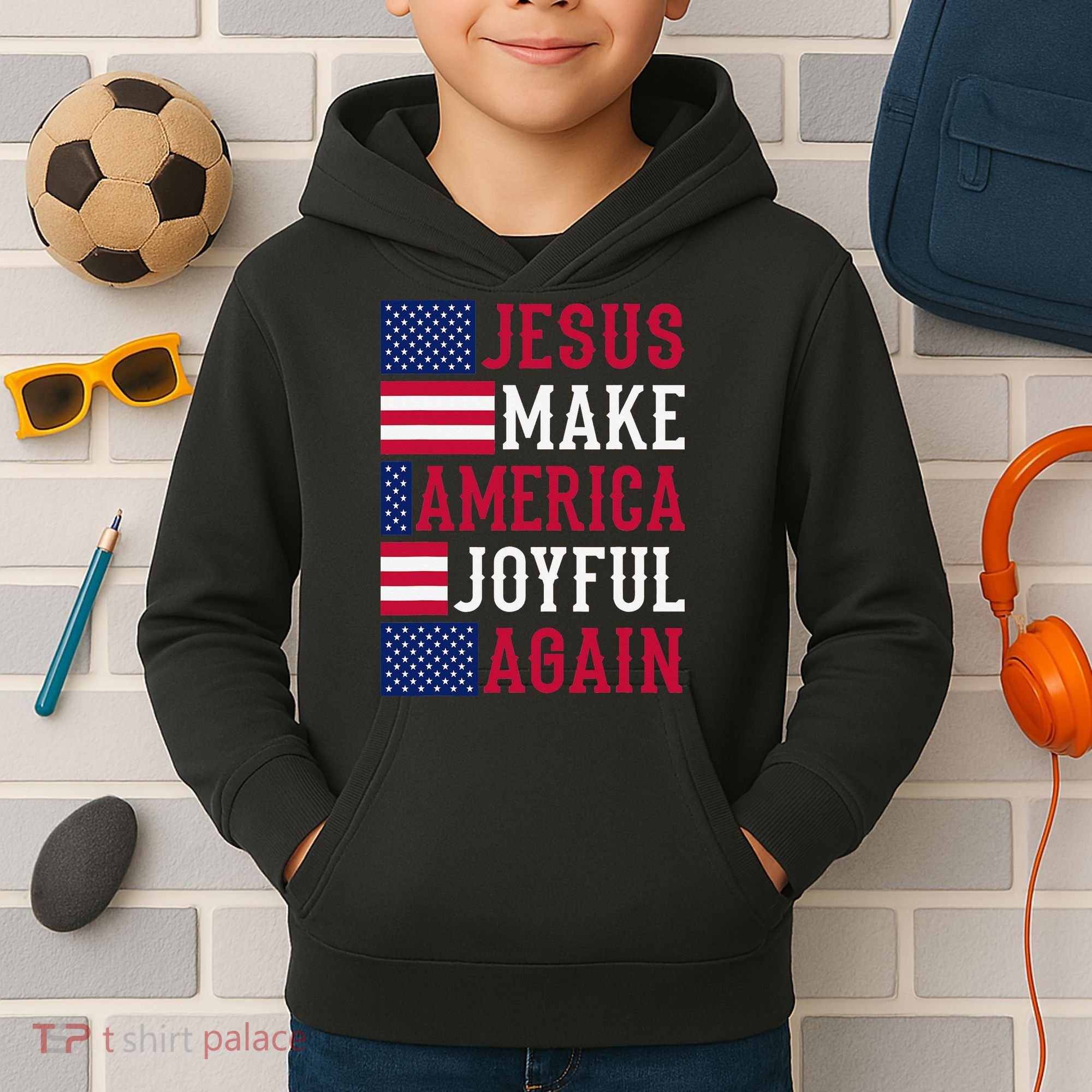 Jesus Make America Joyful Again - American Flag - Christian Kids Hoodie