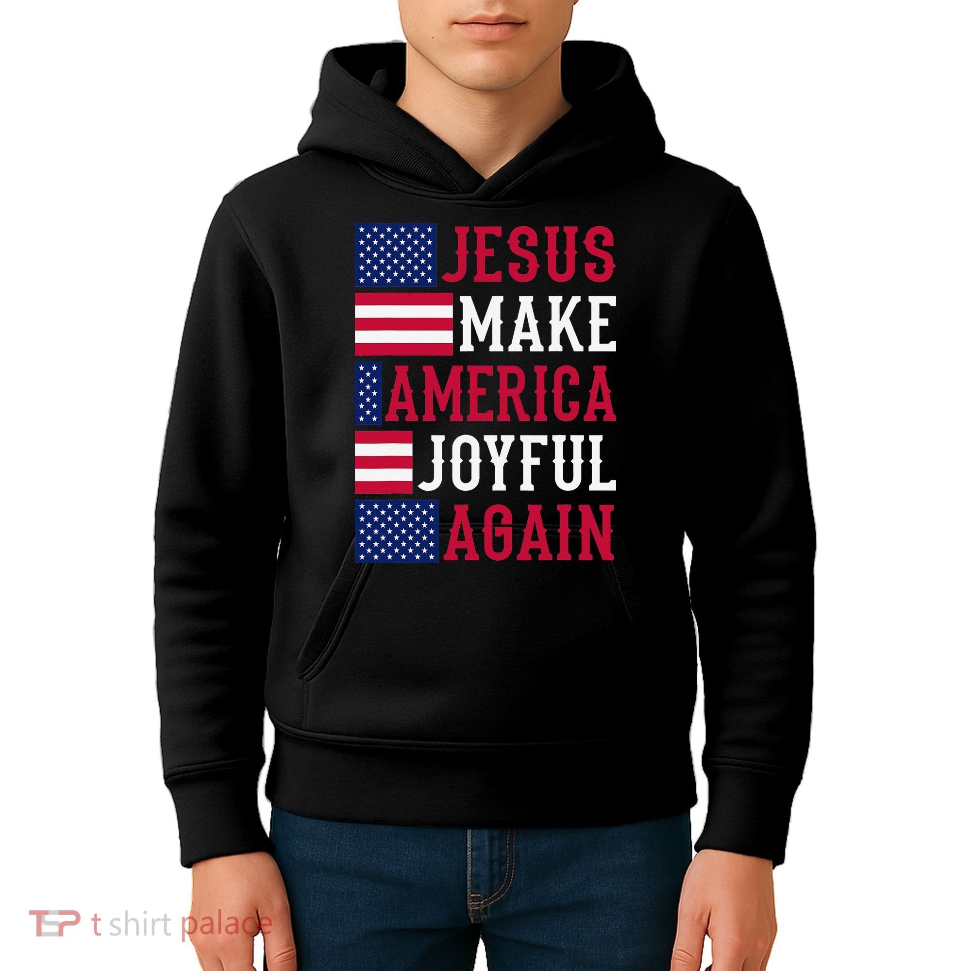 Jesus Make America Joyful Again - American Flag - Christian Kids Hoodie