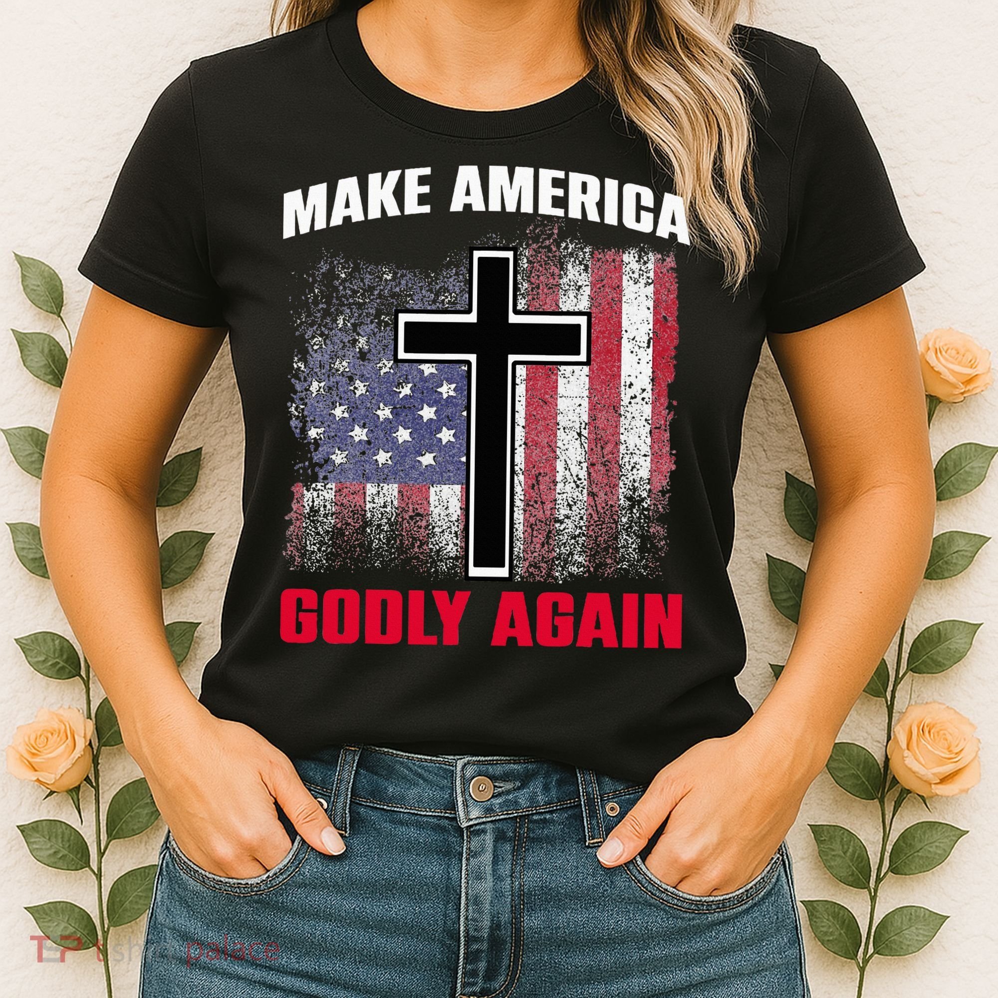 Jesus Make America Godly Again American Patriot Christian Women's T-Shirt